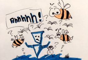 Zeichnung mit unruhigem Männchen und Wespen